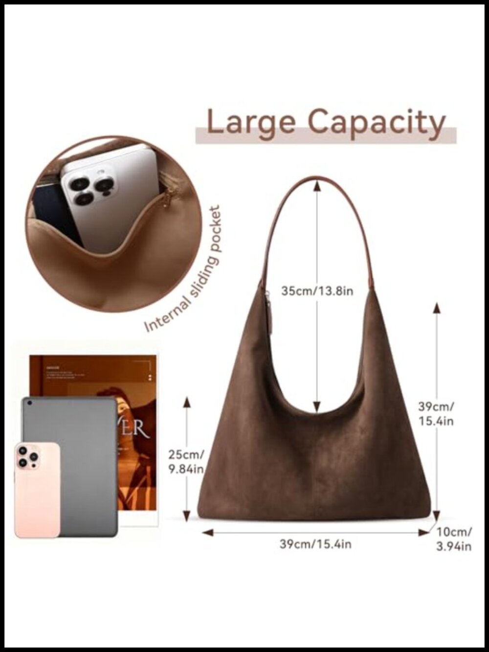 Faux Suede Slouchy Hobo Shoulder Bag Tote Purse - Picture 5 of 6